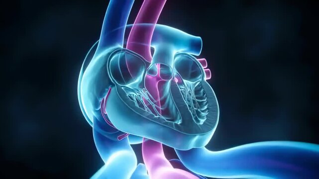 Playing 3D heart model rotating and tilting in dark studio, revealing translucent walls and valves