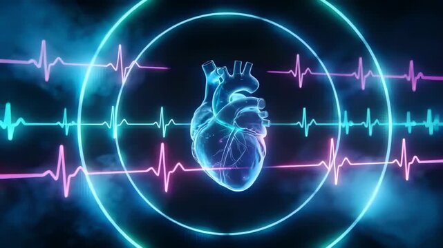 Pulsing heart hologram reacting to ECG signals in neon lab, with ring and pink cyan traces