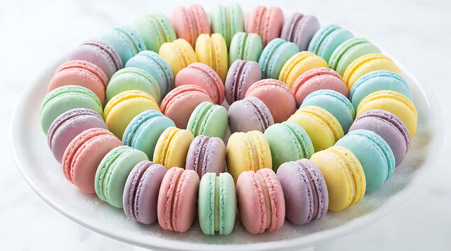 Colorful macarons arranged in a circular pattern on a white plate isolated on transparent background