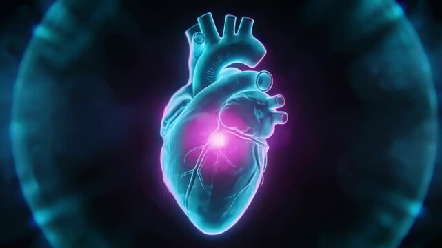 Pulsing cyan-outlined heart reacting to magenta core brightening tilting in dark space halo pulsing