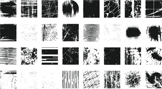 Black and White Grunge Texture Pack, Ink Brush Strokes, Distressed Scratch Marks, Abstract Stamps and Rough Textures, Vintage Monochrome Design Elements Set.