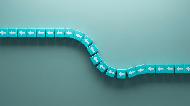 Path of blue-green blocks with white arrows showing a sudden sharp downturn symbolizing financial crisis market decline
