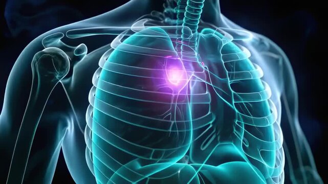 Pulsing 3D thorax model reacting to magenta glow, camera zooming to reveal left lung, rib cage