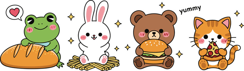 Collection of cute kawaii animal mascots featuring frog with bread, bunny with fries, bear with burger, and cat eating pizza slice.