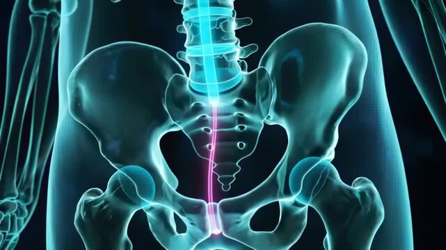 On play in animation pelvis showing pink neural trace moving through sacral ring for nerve mapping