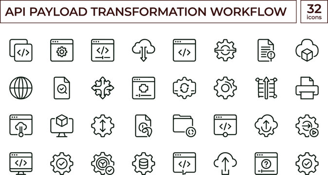 API payload transformation workflow icon set with data mapping conversion integration line vector icons for web apps dashboards UI