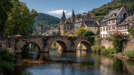 Obraz premium Picturesque medieval German village with stone bridge and historic architecture