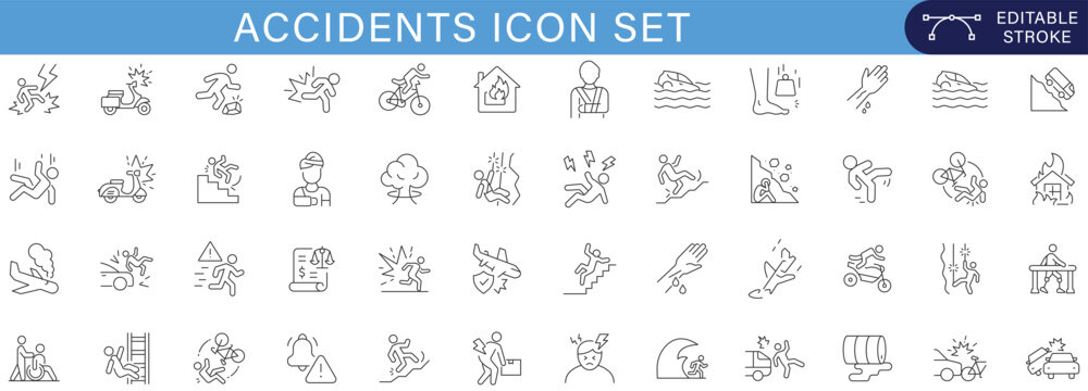 Accidents icon set featuring injury, fall, fire, flood, electric shock, medical emergency, workplace hazard, vehicle crash, disaster and safety outline collection for UI infographic web app editable 