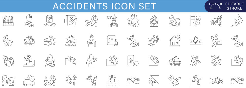 Accidents icon set featuring injury, fall, fire, flood, electric shock, medical emergency, workplace hazard, vehicle crash, disaster and safety outline collection for UI infographic web app editable 