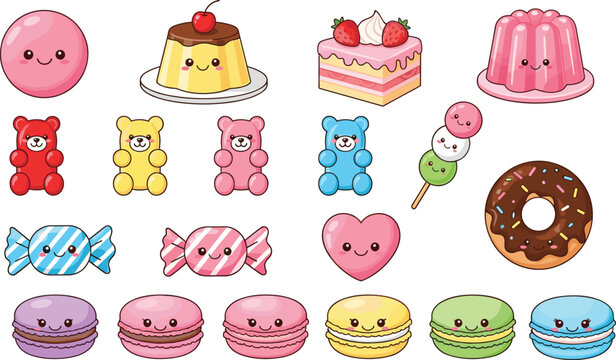 Collection of cute kawaii dessert mascot characters featuring macarons gummy bears pudding chocolate donut jelly and cake for sweet shop branding and children sticker designs.