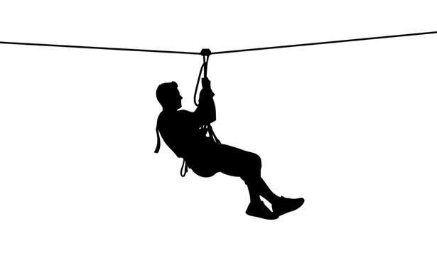 Zip line adventure silhouette with man riding rope extreme sport vector illustration