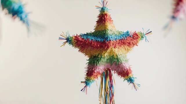 Colorful star-shaped pi?ata with rainbow fringes, hanging against a plain white background, adorned with multicolored tails and feathers