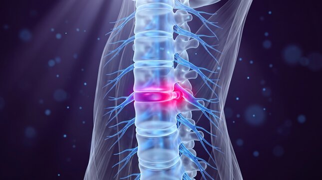 Cervical Spine Anatomy C3&ndash;C7 3D Medical Visualization with Herniated Intervertebral Disc and Nerve Root Compression