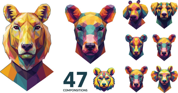 Low poly geometric animal head portraits, colorful set