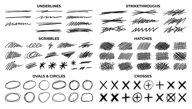 Set of hand drawn underlines strikethroughs scribbles hatches ovals circles crosses and marks transparent vector.