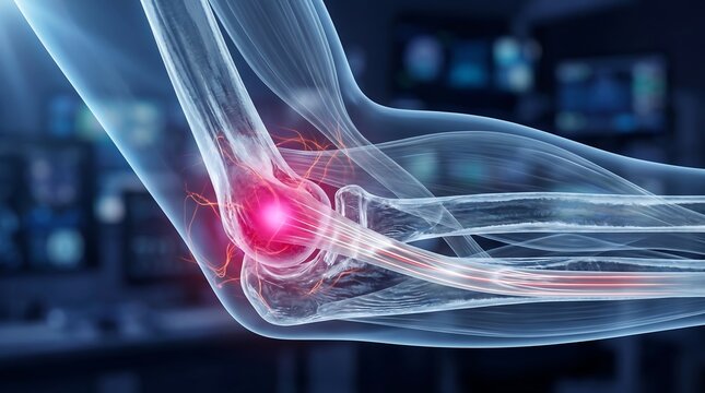 3D render of elbow joint anatomy with tendon inflammation, lateral epicondyle pain concept showing humerus radius ulna in transparent crystal style