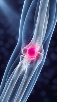 3D render of elbow joint anatomy with tendon inflammation, lateral epicondyle pain concept showing humerus radius ulna in transparent crystal style
