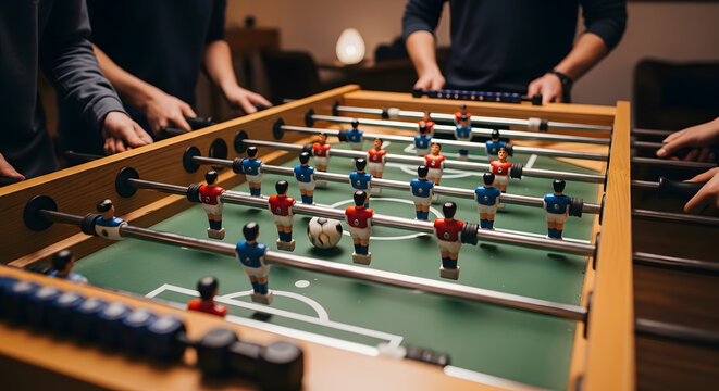 Friends playing foosball game in a recreational room with green table