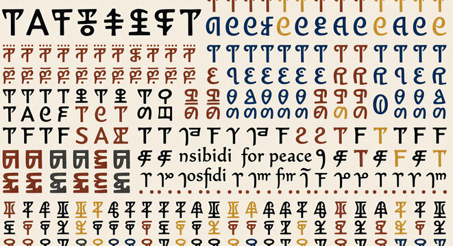 Collection of various african nsibidi symbols and characters on a light background.