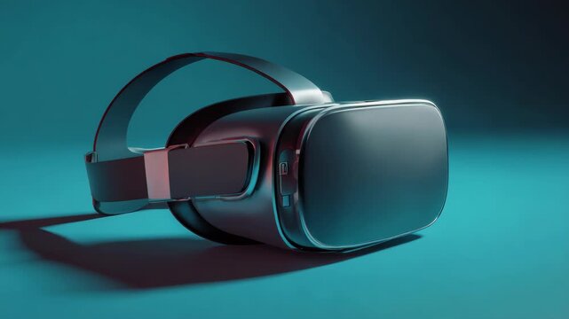 Modern VR headset rests on cool blue surface. Glossy design reflects ambient lighting subtly. Headband and frame show sleek, minimalist style. Faint shadows hint at studio lighting setup