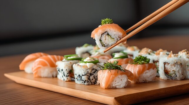 Close-up of wooden chopsticks holding fresh salmon sushi roll with rice and cucumber over variety of assorted sushi on wooden board