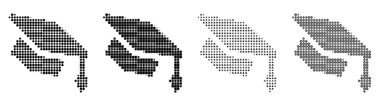 Dot pattern icons of flying motarboard on transparent background. Academic learning and higher education resources. Screen-printed retro design. High-contrast monochrome detail.
