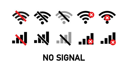 Fototapeta premium Graphic representations of wireless connections and signal indicators showing a lack of network access or a connection failure. A set of Wi-Fi icons indicating a lack of connection or a loss of signal