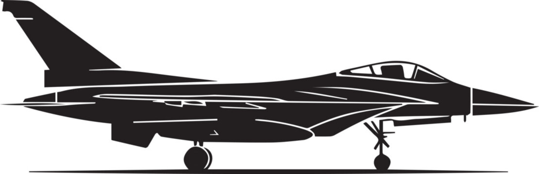 Silhouette of a modern fighter jet, rendered in a stark black graphic style, showcasing its aerodynamic design and powerful silhouette against a neutral backdrop.