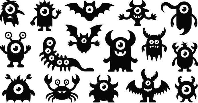 Collection of black monster silhouettes featuring various creatures with one or multiple eyes, horns, wings, claws, and tentacles, isolated on a white background, in a flat style