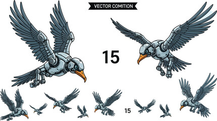 Fototapeta premium Mechanical robot birds in flight, silver metal bird set
