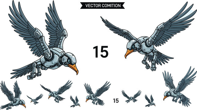 Mechanical robot birds in flight, silver metal bird set