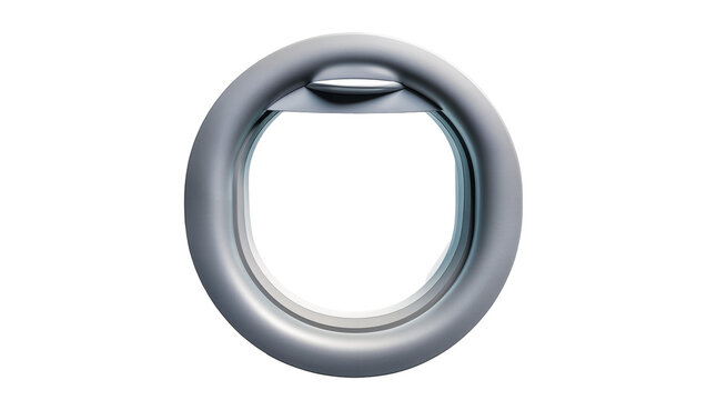Modern circular airplane window with metallic frame, isolated on transparent background