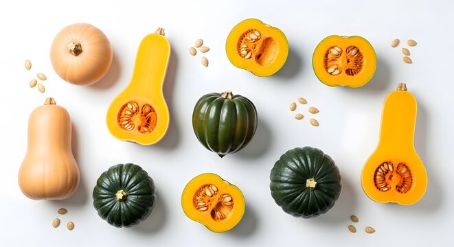Variety of colorful winter squash arrangement on a white background