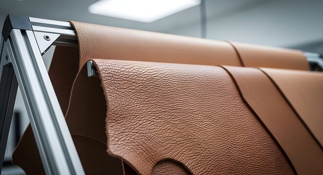 Roll of brown leather sheets on a metal stand, industrial setting