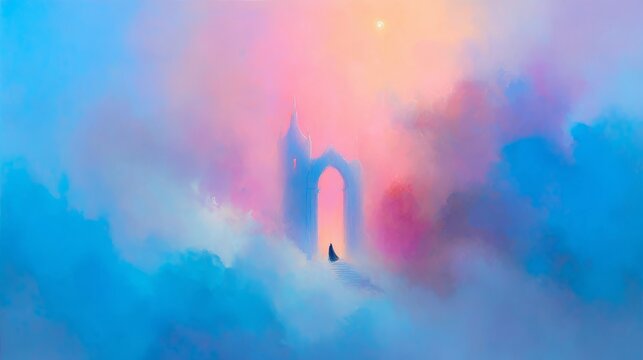Glowing Fantasy Archway Above Clouds With Lone Figure in Pastel Dream Mist