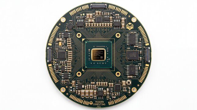 Circular computer circuit board with central processor chip