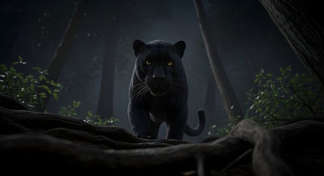 Black panther in a dark forest, looking forward trees