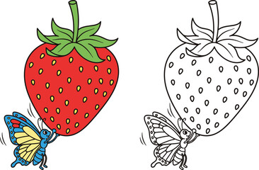 Cute Butterfly Carrying Strawberry Coloring Page Fruit and Insect Art © Mehrab
