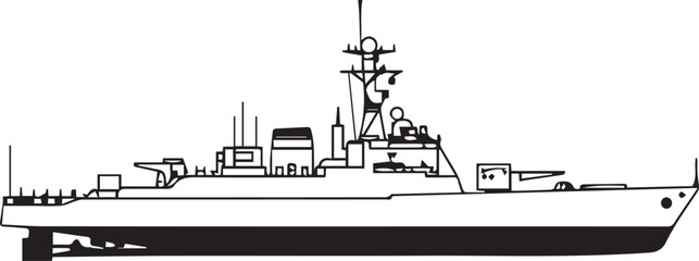 A detailed blueprint illustration of a modern naval warship, showcasing its sleek silhouette and armament details, ideal for design or educational purposes. © DesignINKZ