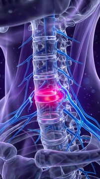 Cervical Spine Anatomy C3&ndash;C7 3D Medical Visualization with Herniated Intervertebral Disc and Nerve Root Compression