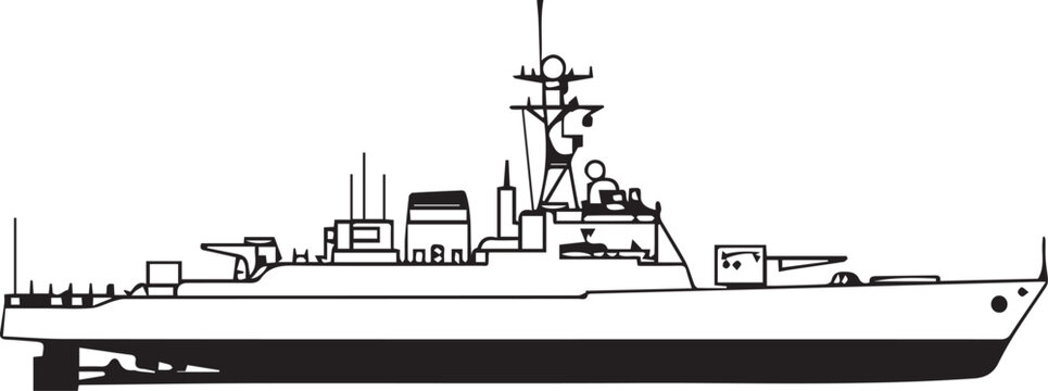 A detailed blueprint illustration of a modern naval warship, showcasing its sleek silhouette and armament details, ideal for design or educational purposes.
