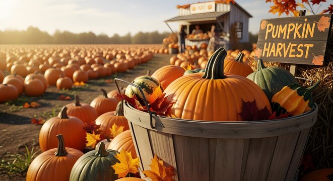 Autumn pumpkin patch display a harvest celebration in golden sunlight