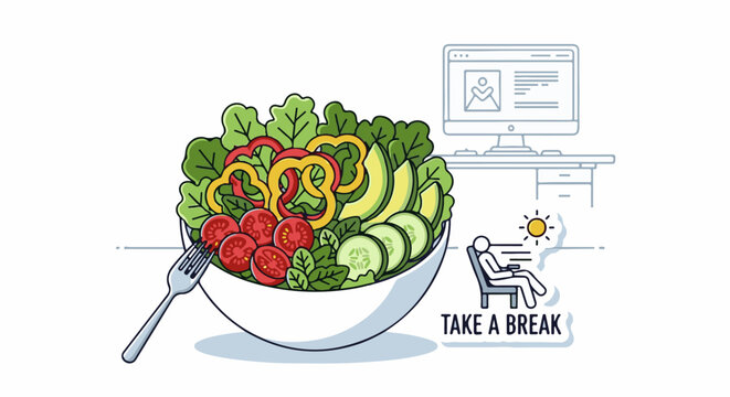 Healthy salad and computer desk with person taking a sunny break