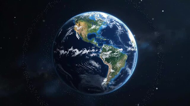 A detailed view of Earth from space, showcasing continents, oceans, cloud patterns, and the curvature against a backdrop of stars and cosmic dust