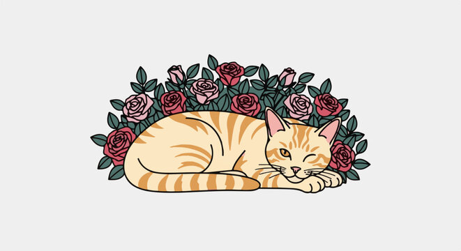 Orange tabby cat sleeping peacefully amidst a bush of pink and red roses