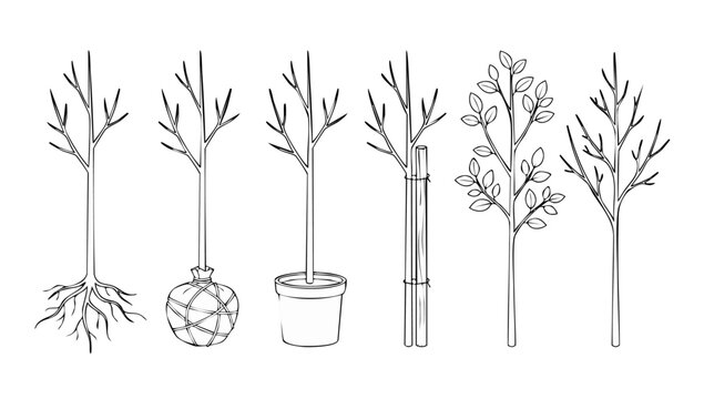 Tree Planting Stages Set Outline Illustration, Sapling Growth Process, Bare Root Burlap Potted Nursery Stock with Stake and Leaves for Gardening and Landscape Design Icons in Minimalist Black and Whit