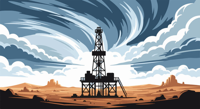 Silhouette of an oil rig in a desert landscape under a dramatic sky