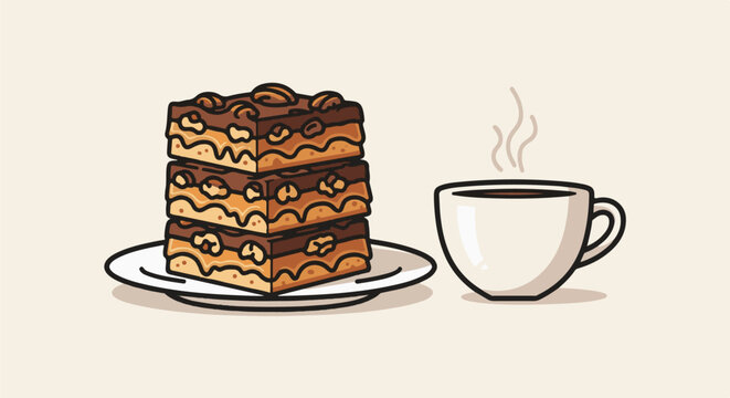 Stacked nut brownies with a steaming cup of coffee on a cream background