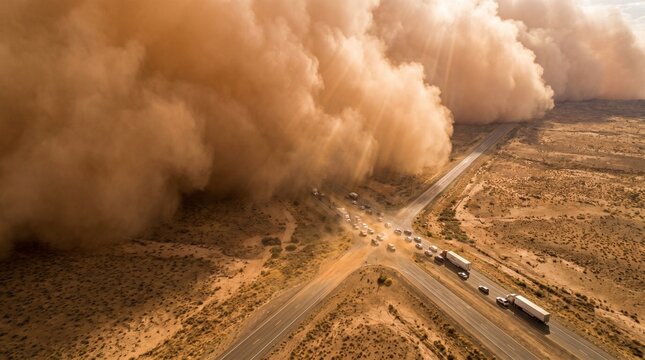 Top-down drone image of an enormous dust storm front engulfing a desert highway, towering thousand-foot wall churning orange-brown dust, swallowing abandoned vehicles

