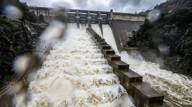 Drone photo hovering directly in spray zone of massive dam emergency spillway during flood with roaring whitewater cascading down concrete steps

